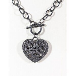 Retro Puffy Heart Open Metal Work Toggle Necklace Gray Metallic 18"
